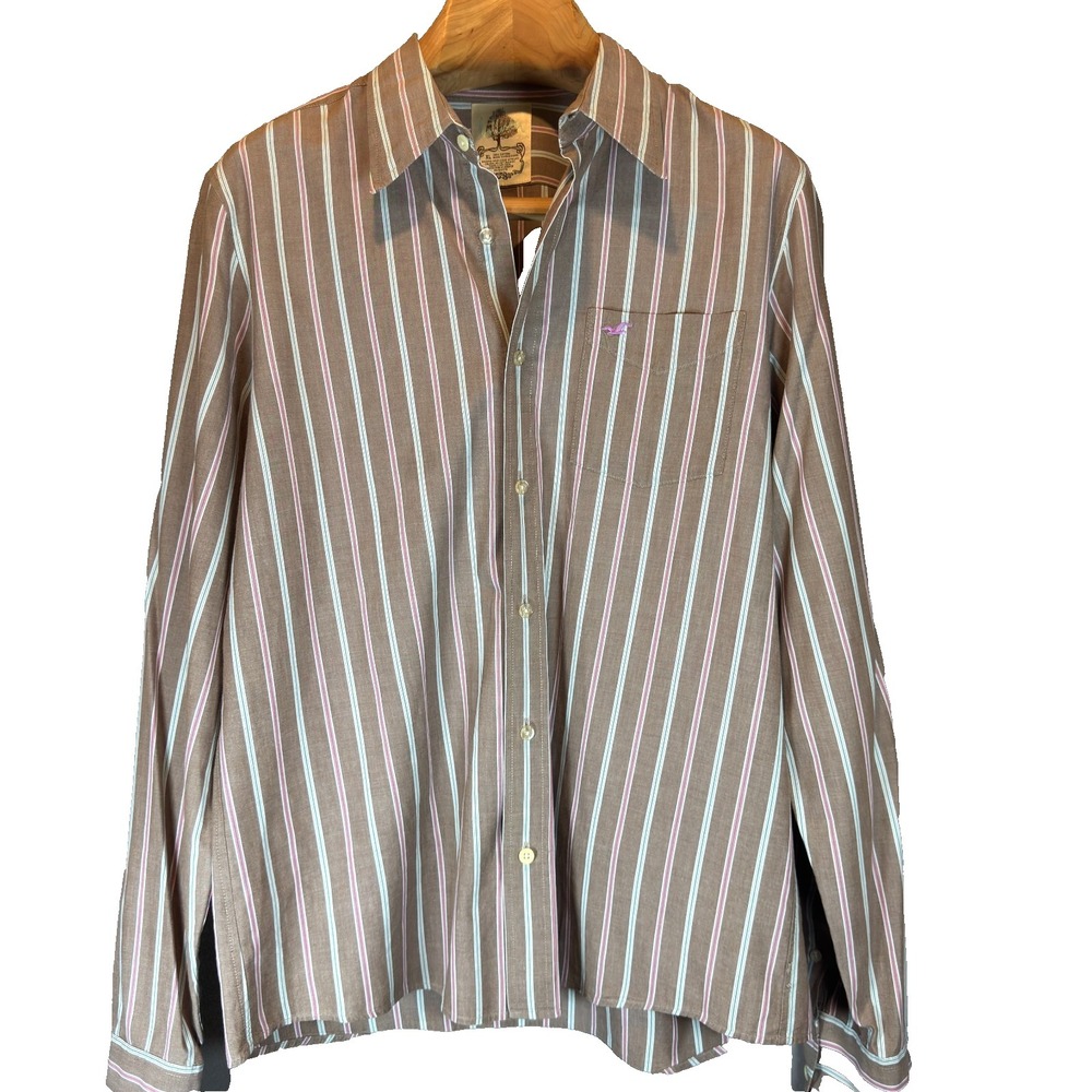 Hollister Button Up Long Sleeve Shirt Men's XL Brown Pink Blue Stripe Cotton Y2K